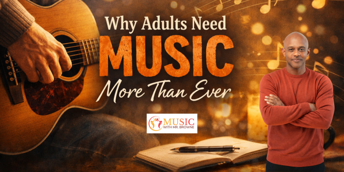 Promotional banner for a music program: an acoustic guitar on the left, bold orange 'MUSIC' text, and a man in a red shirt on the right with a logo below.