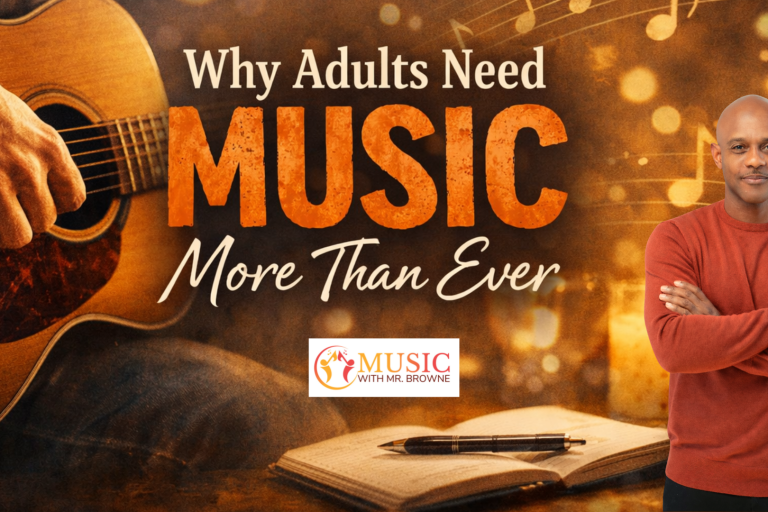 Promotional banner for a music program: an acoustic guitar on the left, bold orange 'MUSIC' text, and a man in a red shirt on the right with a logo below.