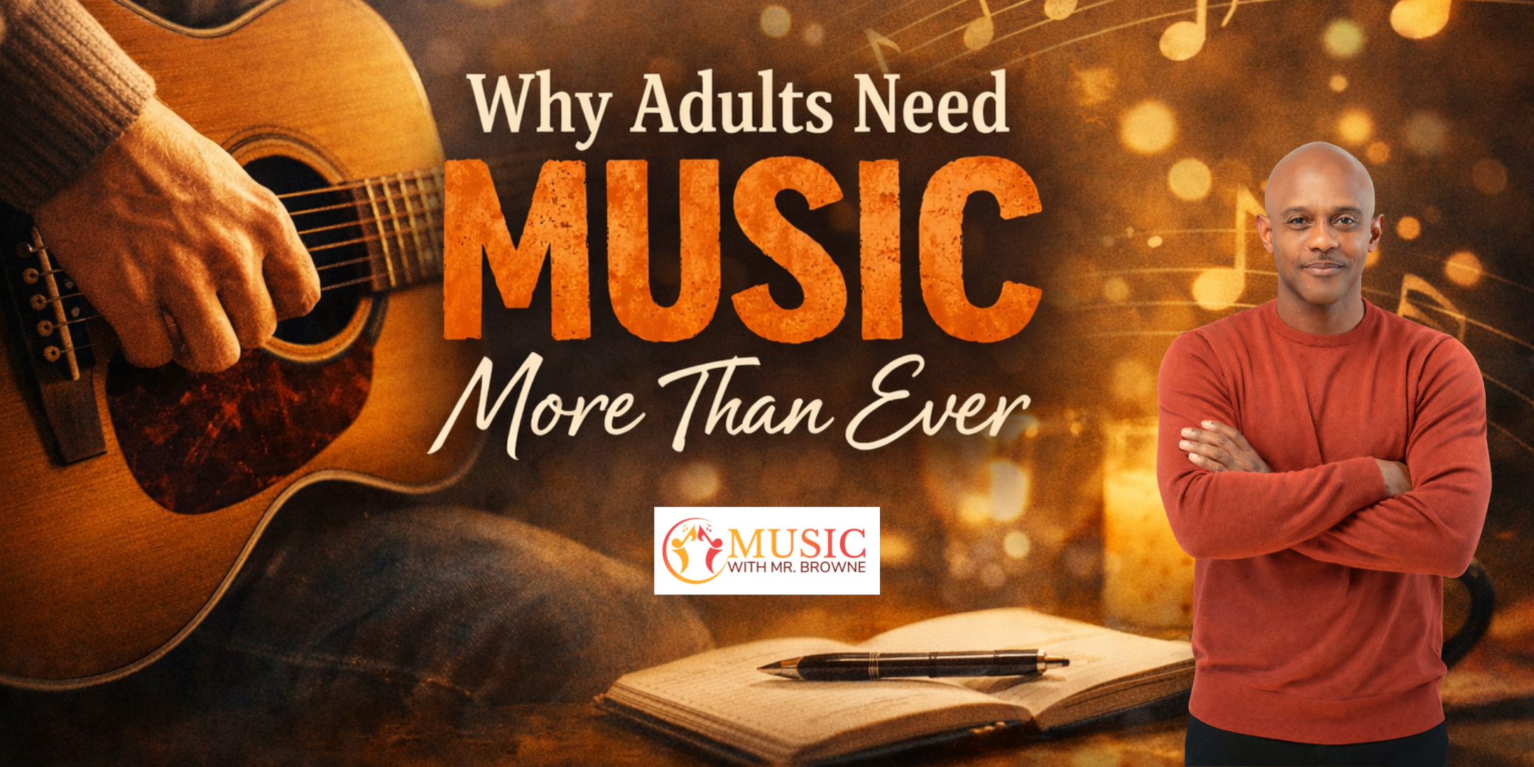 Promotional banner for a music program: an acoustic guitar on the left, bold orange 'MUSIC' text, and a man in a red shirt on the right with a logo below.