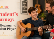 Promotional banner for Music with Mr. Browne: a student learning guitar with a smiling teacher beside him.