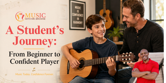 Promotional banner for Music with Mr. Browne: a student learning guitar with a smiling teacher beside him.
