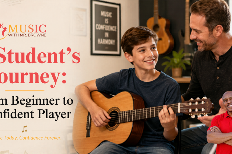 Promotional banner for Music with Mr. Browne: a student learning guitar with a smiling teacher beside him.