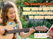 Girl playing an acoustic guitar outdoors in a sunny garden with bold summer headline about starting guitar for kids (informational banner).