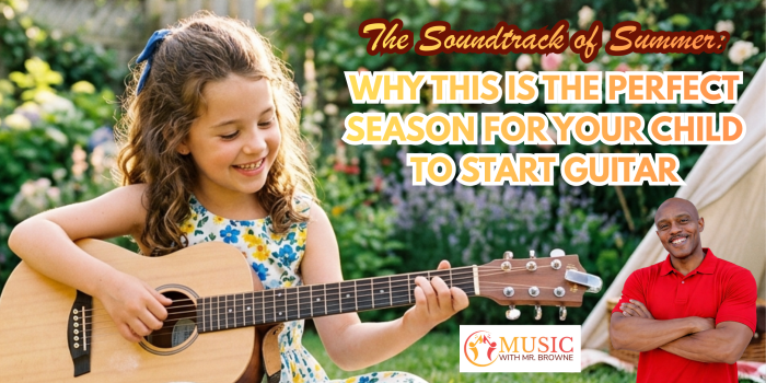 Girl playing an acoustic guitar outdoors in a sunny garden with bold summer headline about starting guitar for kids (informational banner).