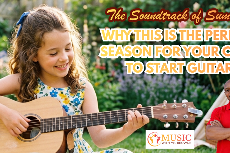Girl playing an acoustic guitar outdoors in a sunny garden with bold summer headline about starting guitar for kids (informational banner).