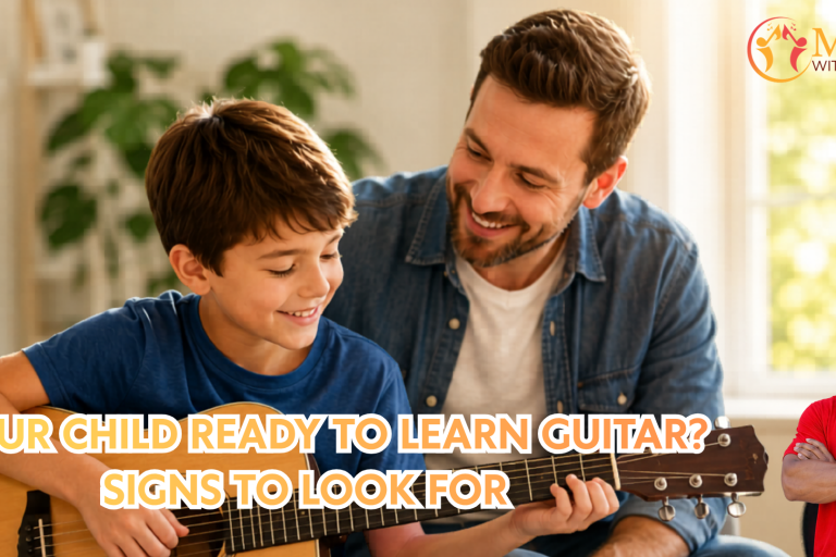 Father teaches son to play guitar in a sunny room; banner reads 'Is your child ready to learn guitar? Signs to look for' with Music with Mr. Browne logo.