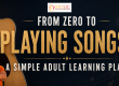 Banner promoting an adult music course: 'From Zero to Playing Songs' with a guitar, instructor image, and logo 'Music with Mr. Browne' at top center.