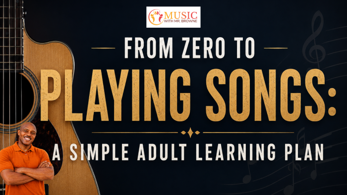 Banner promoting an adult music course: 'From Zero to Playing Songs' with a guitar, instructor image, and logo 'Music with Mr. Browne' at top center.
