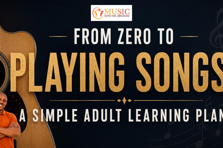 Banner promoting an adult music course: 'From Zero to Playing Songs' with a guitar, instructor image, and logo 'Music with Mr. Browne' at top center.