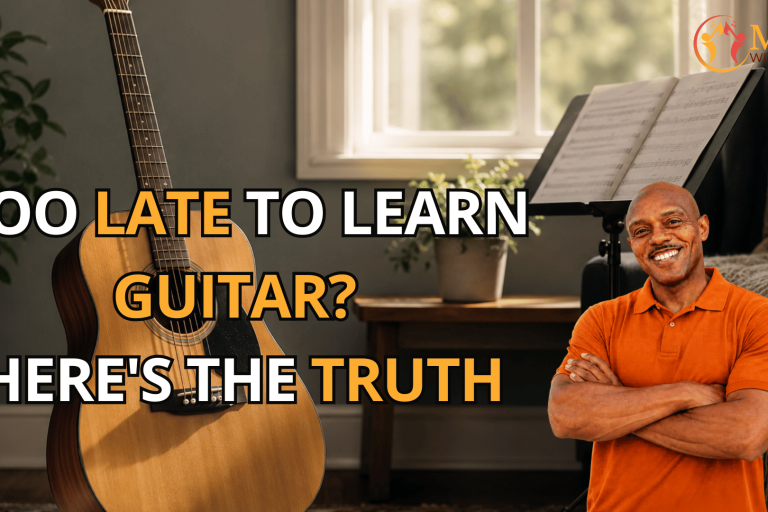 Thumbnail showing a smiling man in an orange polo, a guitar on the left, music stand with sheet music, and the text 'Too late to learn guitar? Here’s the truth' with a logo in the top-right corner.