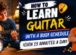 Banner for guitar learning program showing a young man strumming a guitar and an alarm clock reading 15 minutes with a smiling instructor logo on the right.