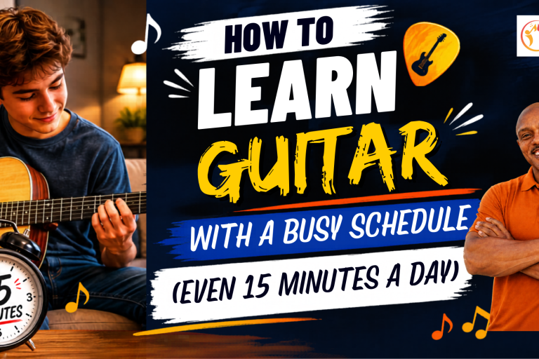 Banner for guitar learning program showing a young man strumming a guitar and an alarm clock reading 15 minutes with a smiling instructor logo on the right.