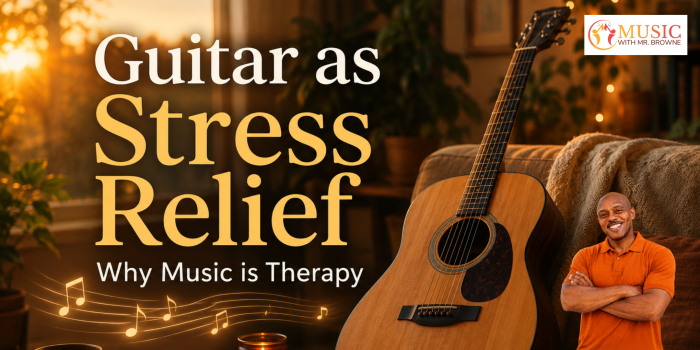 Cover image for 'Guitar as Stress Relief': guitar on a couch, smiling man in an orange shirt, warm living room, Music with Mr. Browne logo.