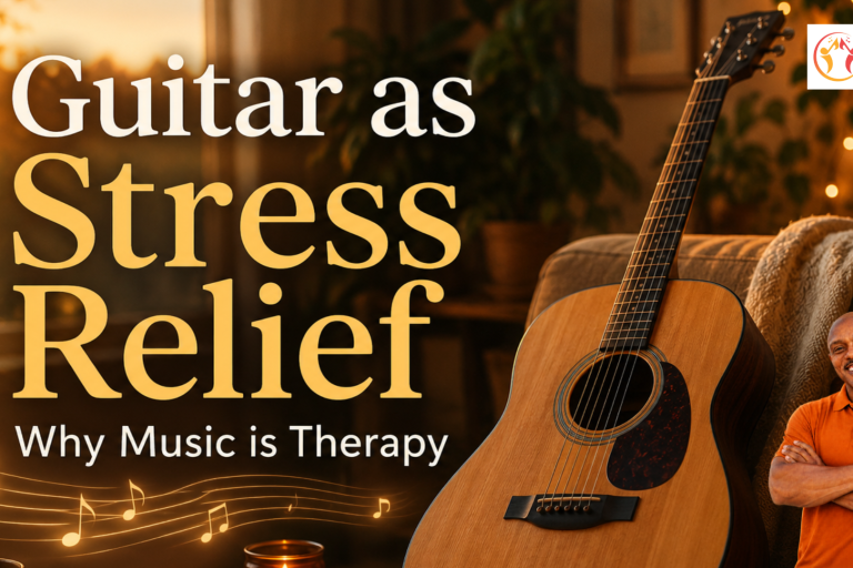 Cover image for 'Guitar as Stress Relief': guitar on a couch, smiling man in an orange shirt, warm living room, Music with Mr. Browne logo.