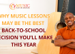Smiling man with a guitar on a school-themed banner promoting music lessons and back-to-school benefits.