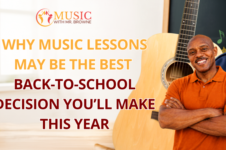 Smiling man with a guitar on a school-themed banner promoting music lessons and back-to-school benefits.