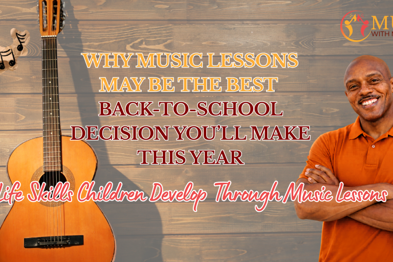 Promotional banner with a guitar on the left and a smiling instructor on the right, advertising back-to-school music lessons on a wood background.